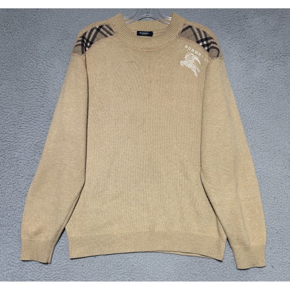 Vintage Burberry London 100% Wool Beige sweater Mens L Burberry logo Plaid Read*